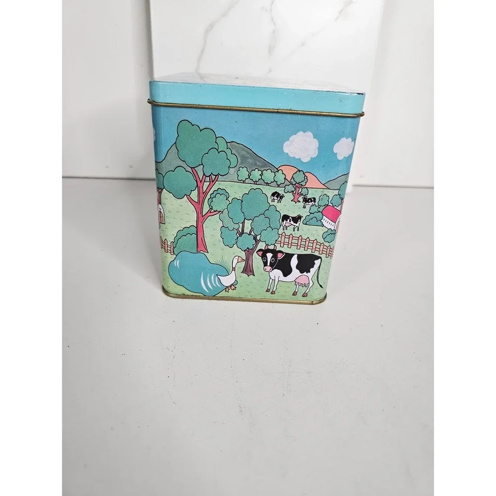 Vintage Farm Scene Metal Tin Cow Goose Pastoral Landscape Square Storage Can